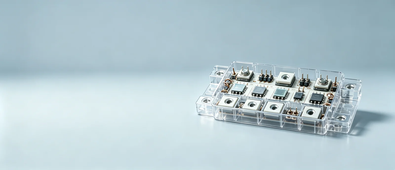 Transparent rectangular power module with visible internal components