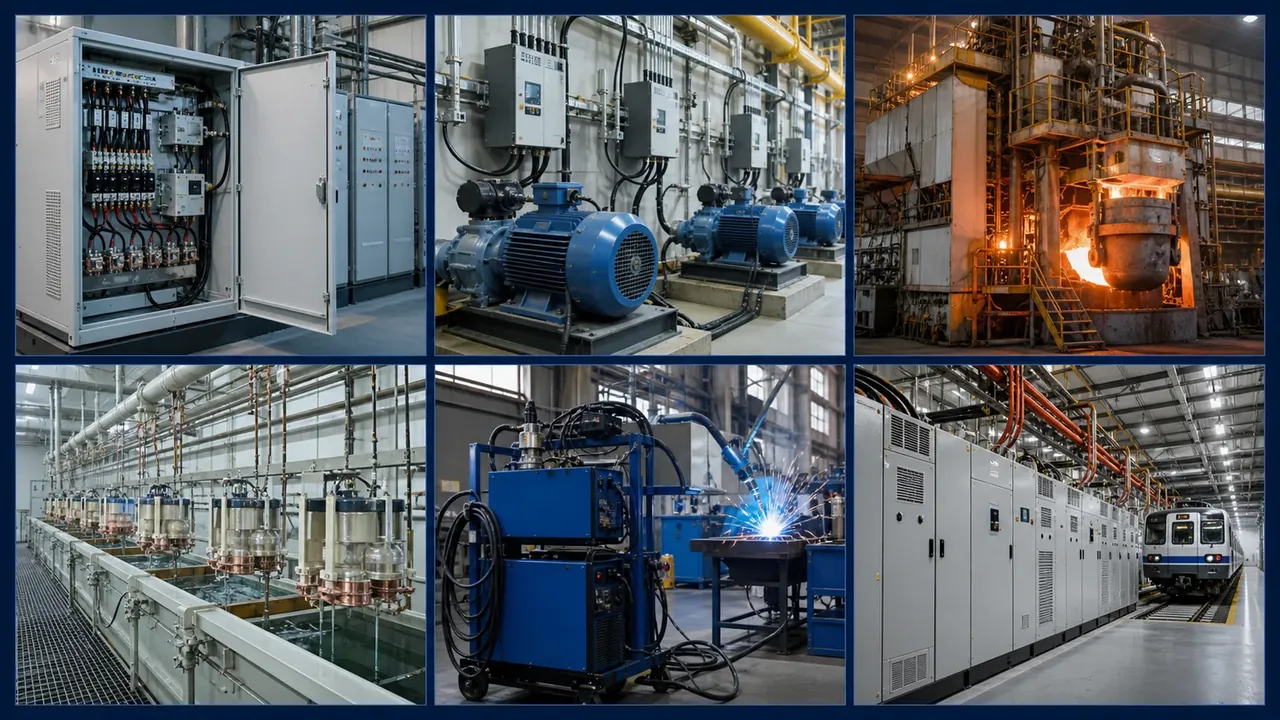 Six-panel collage of industrial applications for SCR Thyristors & Power Devices