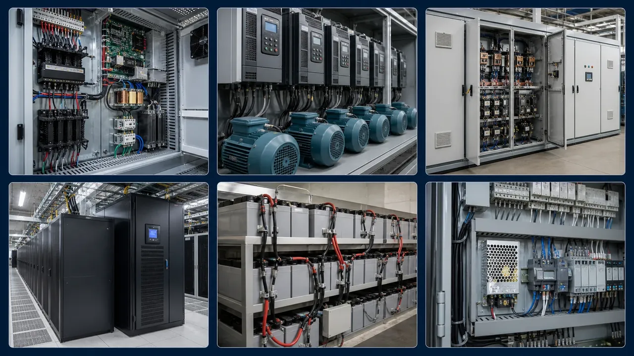 Six-panel collage of industrial applications for Bridge Rectifier Modules