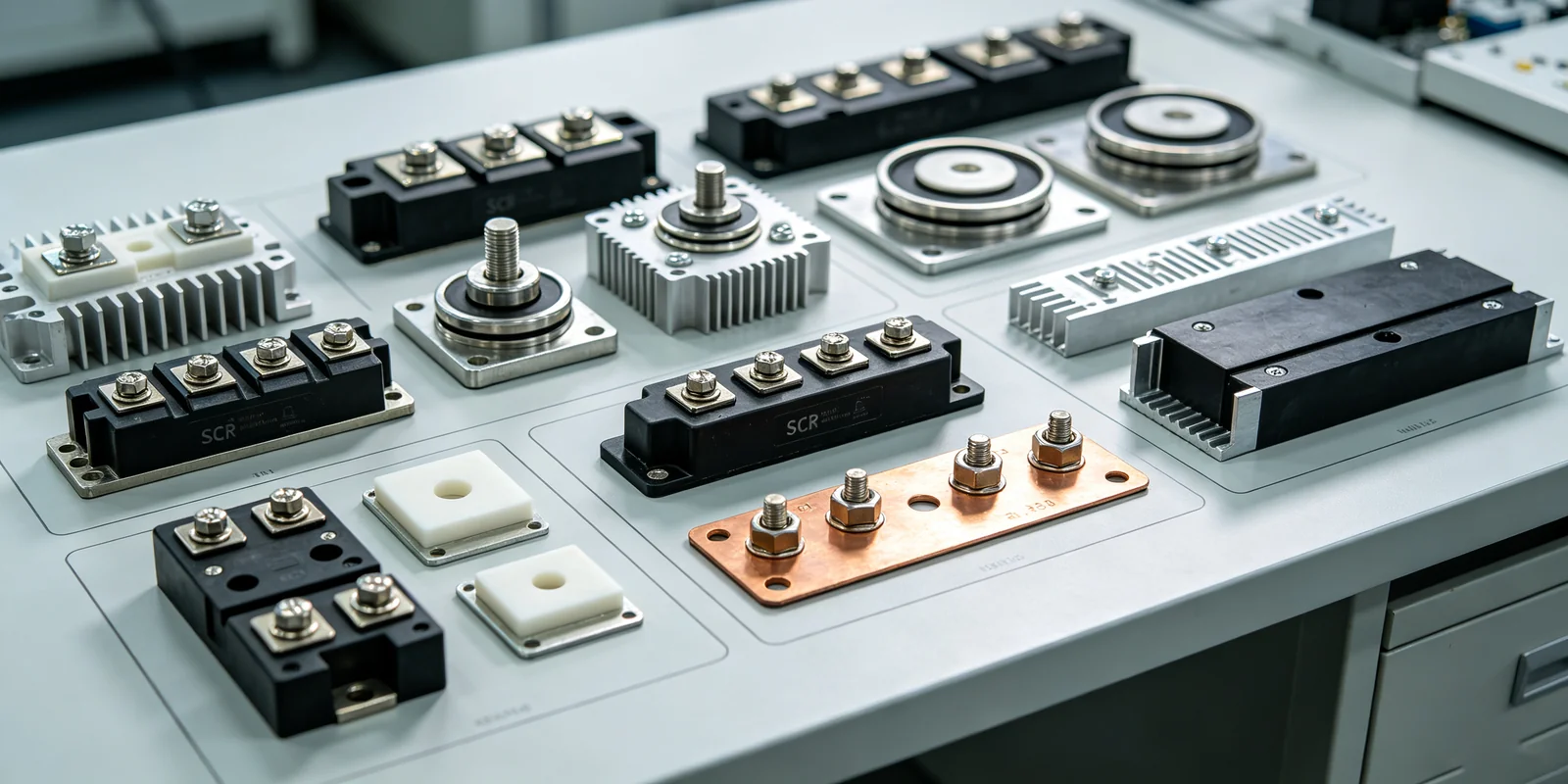 Assorted power semiconductor packages arranged on a table