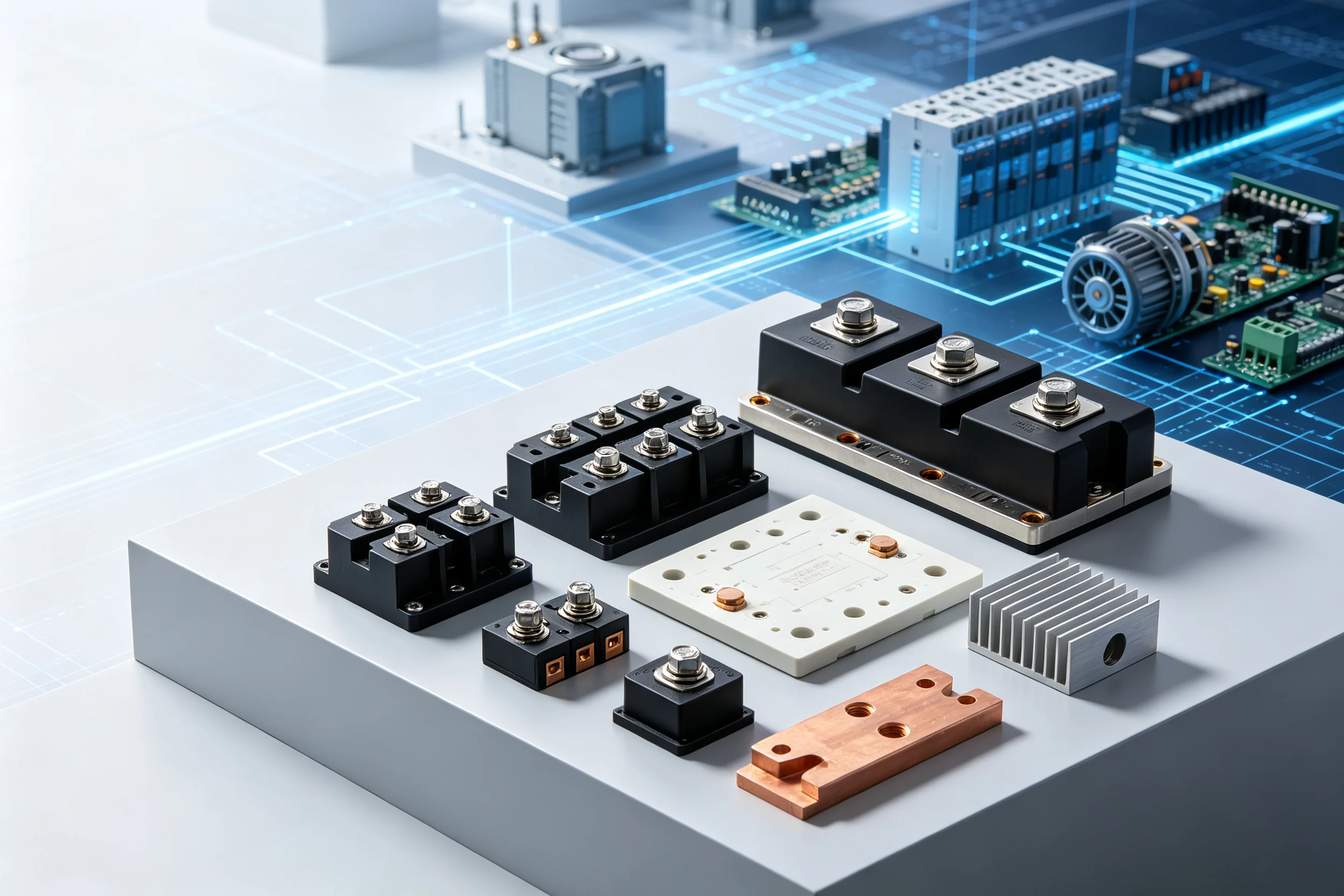 Illustration of power semiconductor packages against a blue technical background.